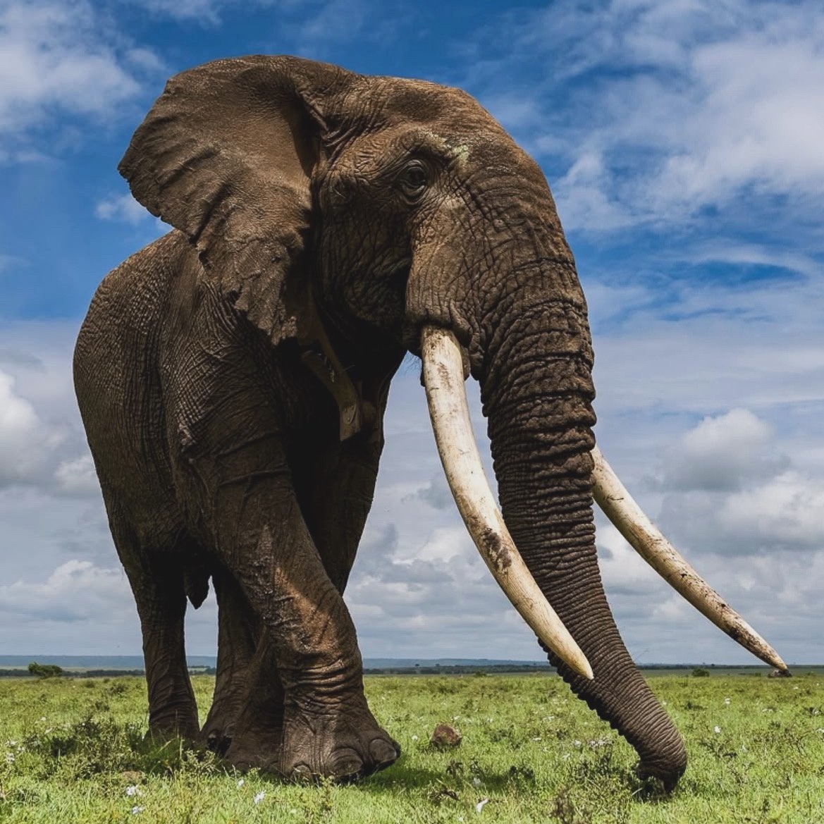 African elephant with long tusks against a blue sky
