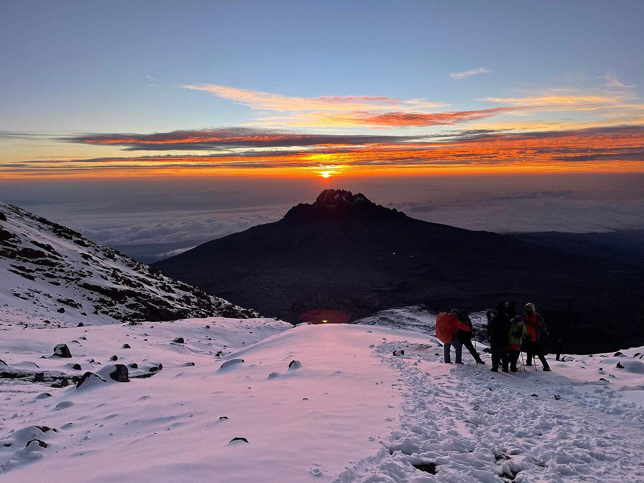 Climbers on Kilimanjaro’s snowy upper slopes — eight-day Rongai route