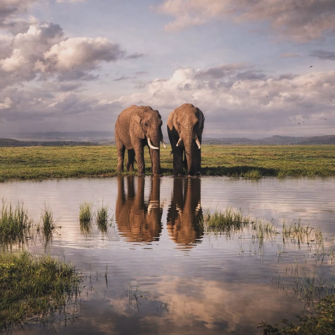 Elephants reflected in still water