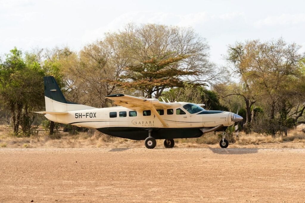 Safari aircraft departing Mtemere airstrip — flight reservations with Tartaruga Safaris