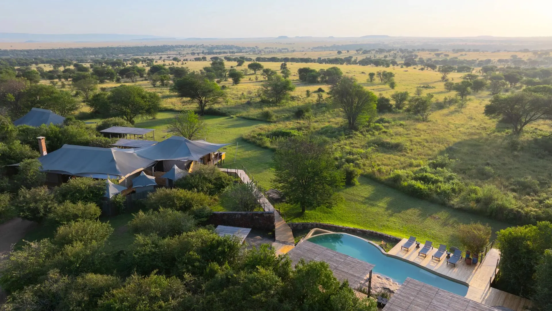 Aerial view of Sayari Camp and its pool in northern Serengeti — Tartaruga Safaris