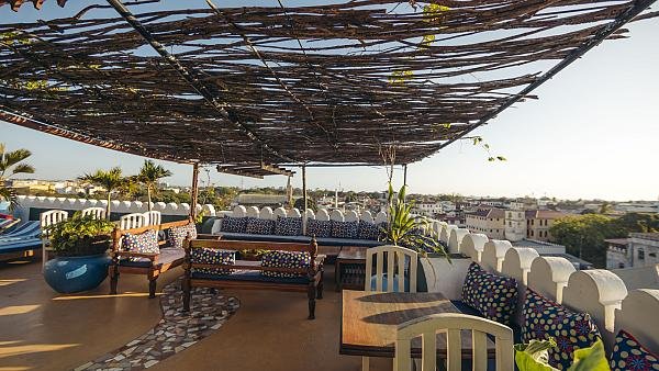Rooftop seating at The Swahili House — accommodation with Tartaruga Safaris