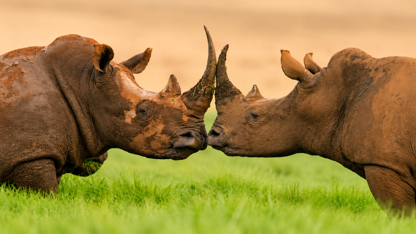 Two rhinoceroses facing each other in grassland