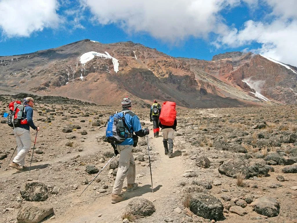 Hikers crossing rocky terrain on Kilimanjaro