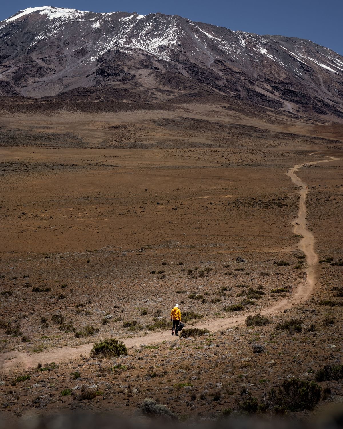 Hiker on a mountain trail beneath Kilimanjaro
