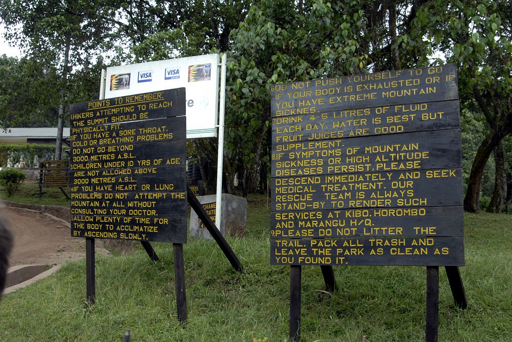 Visitor information signs at the Machame trailhead in 2008