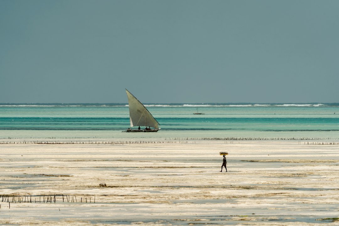 Barco à vela em águas rasas diante de uma praia de Zanzibar